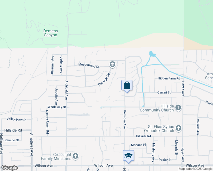 map of restaurants, bars, coffee shops, grocery stores, and more near 5101 Carriage Road in Rancho Cucamonga