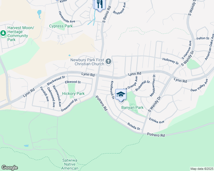 map of restaurants, bars, coffee shops, grocery stores, and more near 3854 Abbey Court in Thousand Oaks