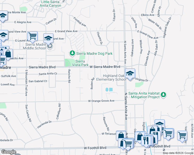map of restaurants, bars, coffee shops, grocery stores, and more near 1626 Rodeo Road in Arcadia
