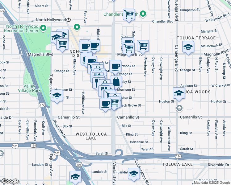 map of restaurants, bars, coffee shops, grocery stores, and more near 10939 Morrison Street in Los Angeles