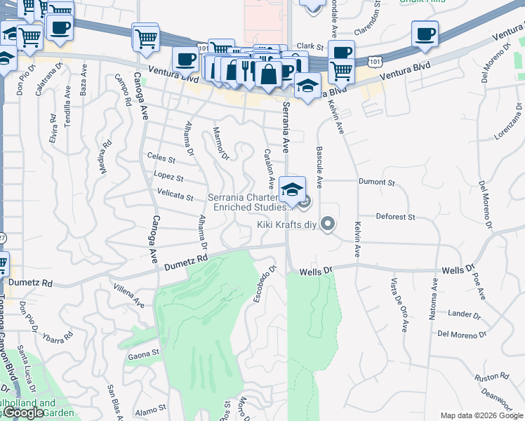 map of restaurants, bars, coffee shops, grocery stores, and more near 4950 Marmol Drive in Los Angeles