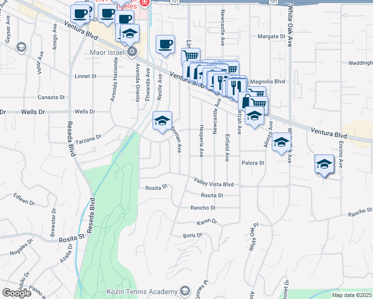 map of restaurants, bars, coffee shops, grocery stores, and more near 5011 Lindley Avenue in Los Angeles