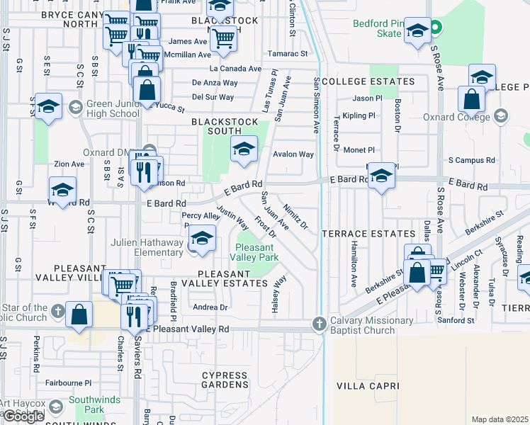 map of restaurants, bars, coffee shops, grocery stores, and more near 4251 San Juan Avenue in Oxnard