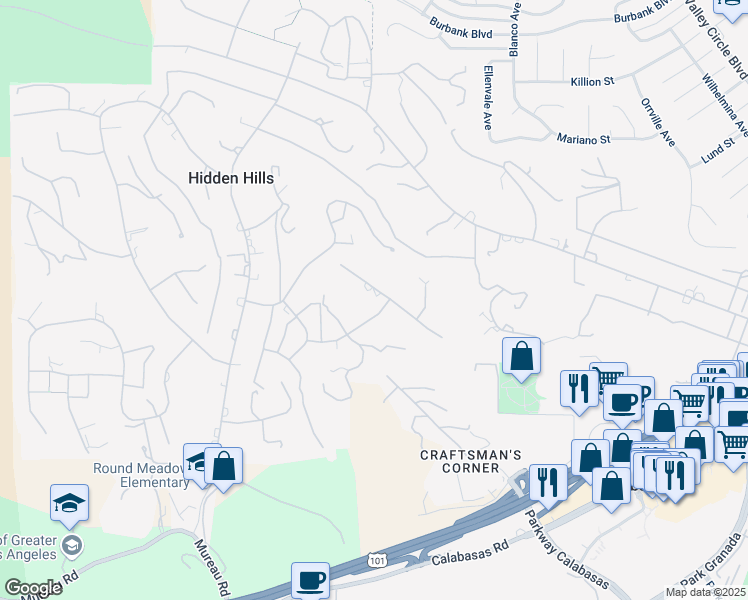 map of restaurants, bars, coffee shops, grocery stores, and more near 24328 Bridle Trail Road in Hidden Hills
