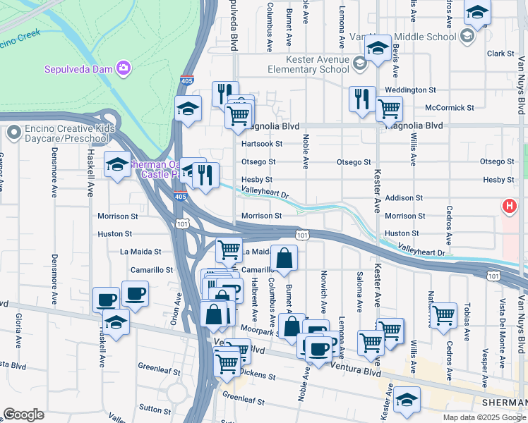 map of restaurants, bars, coffee shops, grocery stores, and more near 15211 Morrison Street in Los Angeles