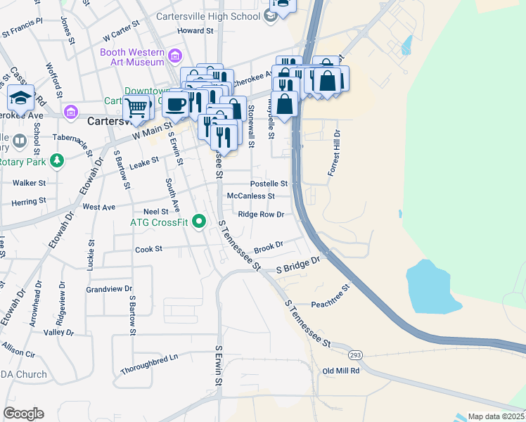 map of restaurants, bars, coffee shops, grocery stores, and more near 109 Central Avenue in Cartersville