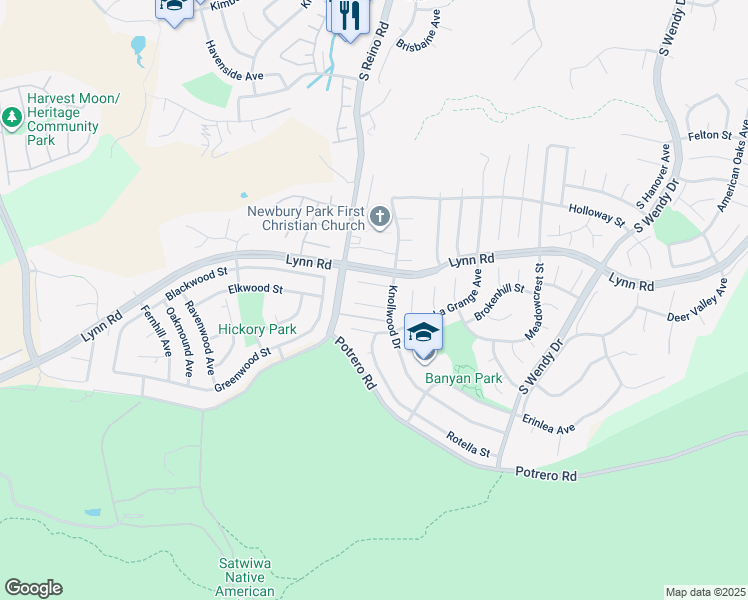 map of restaurants, bars, coffee shops, grocery stores, and more near 3829 Hartung Court in Thousand Oaks