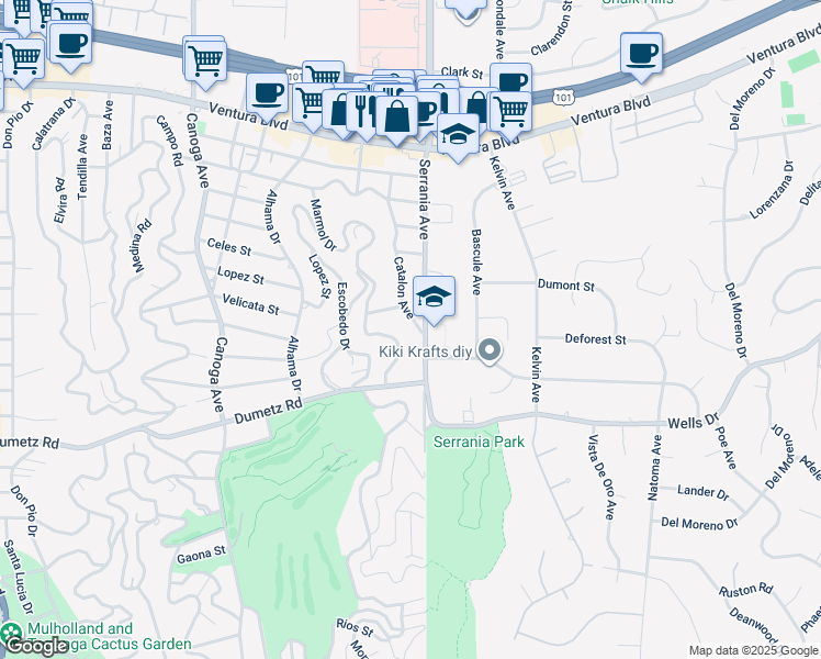 map of restaurants, bars, coffee shops, grocery stores, and more near 5005 Catalon Avenue in Los Angeles