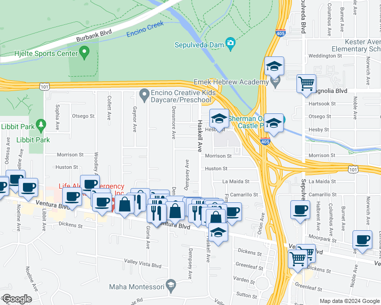 map of restaurants, bars, coffee shops, grocery stores, and more near 15720 Morrison Street in Los Angeles