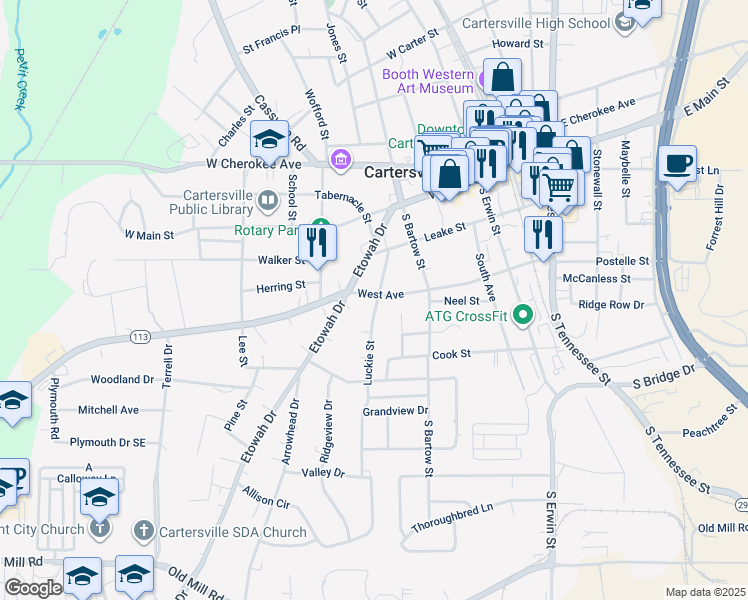 map of restaurants, bars, coffee shops, grocery stores, and more near 402 West Avenue in Cartersville