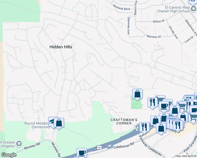 map of restaurants, bars, coffee shops, grocery stores, and more near 24308 Bridle Trail Road in Hidden Hills
