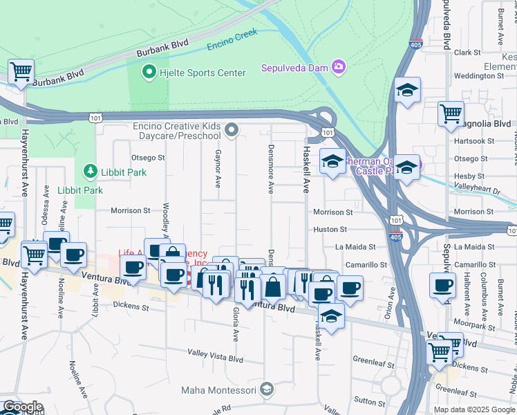map of restaurants, bars, coffee shops, grocery stores, and more near 15720 Morrison Street in Los Angeles
