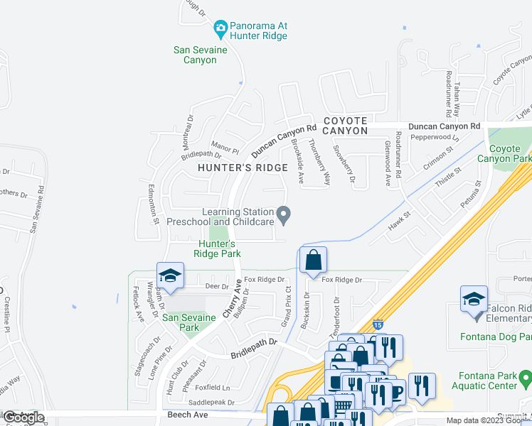 map of restaurants, bars, coffee shops, grocery stores, and more near 14887 Herschel Avenue in Fontana