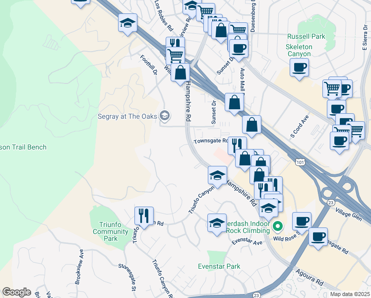 map of restaurants, bars, coffee shops, grocery stores, and more near 603 Hampshire Road in Westlake Village
