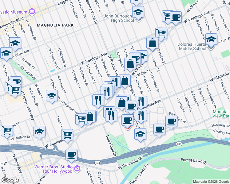 map of restaurants, bars, coffee shops, grocery stores, and more near 107 North Frederic Street in Burbank