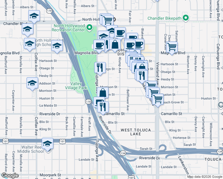map of restaurants, bars, coffee shops, grocery stores, and more near 11265 Morrison Street in Los Angeles