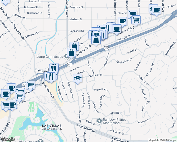 map of restaurants, bars, coffee shops, grocery stores, and more near 23023 Gainford Street in Los Angeles