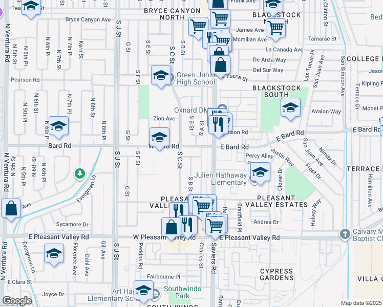 map of restaurants, bars, coffee shops, grocery stores, and more near 237 Brucker Road West in Oxnard
