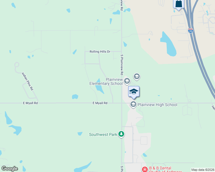 map of restaurants, bars, coffee shops, grocery stores, and more near 901 Praire View Road in Ardmore