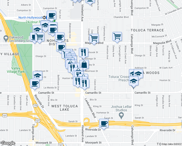 map of restaurants, bars, coffee shops, grocery stores, and more near 10918 Morrison Street in Los Angeles