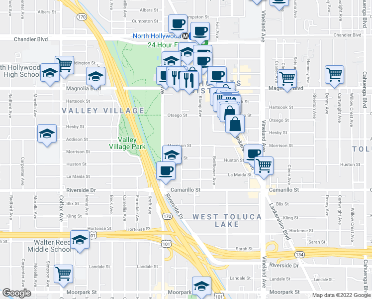 map of restaurants, bars, coffee shops, grocery stores, and more near 11265 Morrison Street in Los Angeles