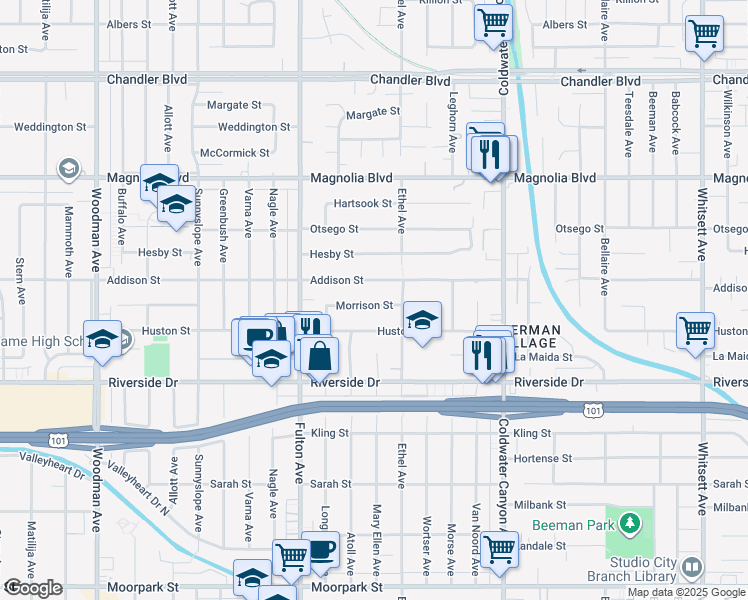 map of restaurants, bars, coffee shops, grocery stores, and more near 13133 Morrison Street in Los Angeles