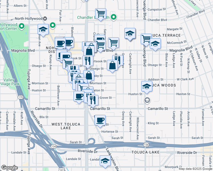 map of restaurants, bars, coffee shops, grocery stores, and more near 10857 Morrison Street in Los Angeles
