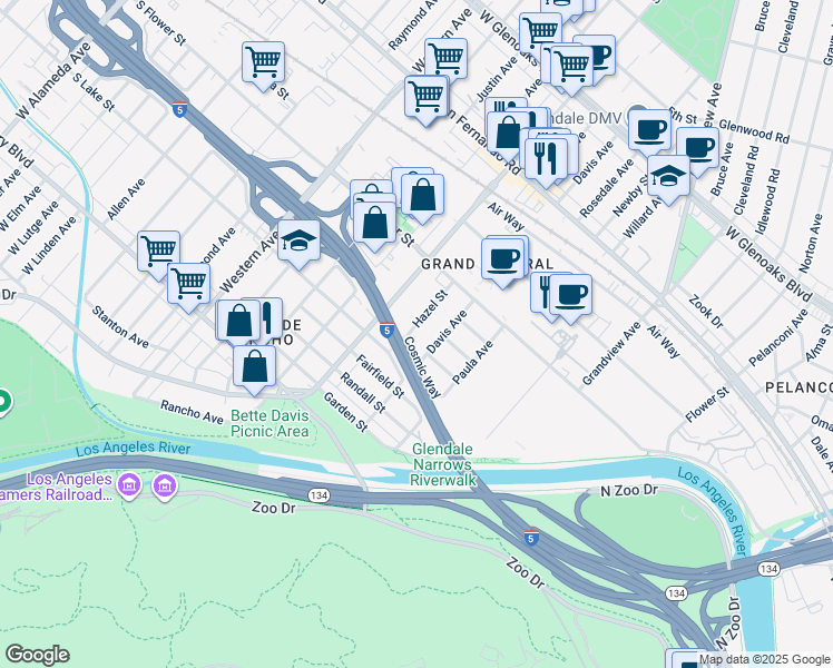 map of restaurants, bars, coffee shops, grocery stores, and more near 606 Hazel Street in Glendale