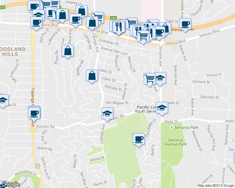 map of restaurants, bars, coffee shops, grocery stores, and more near 21219 De La Osa Street in Los Angeles