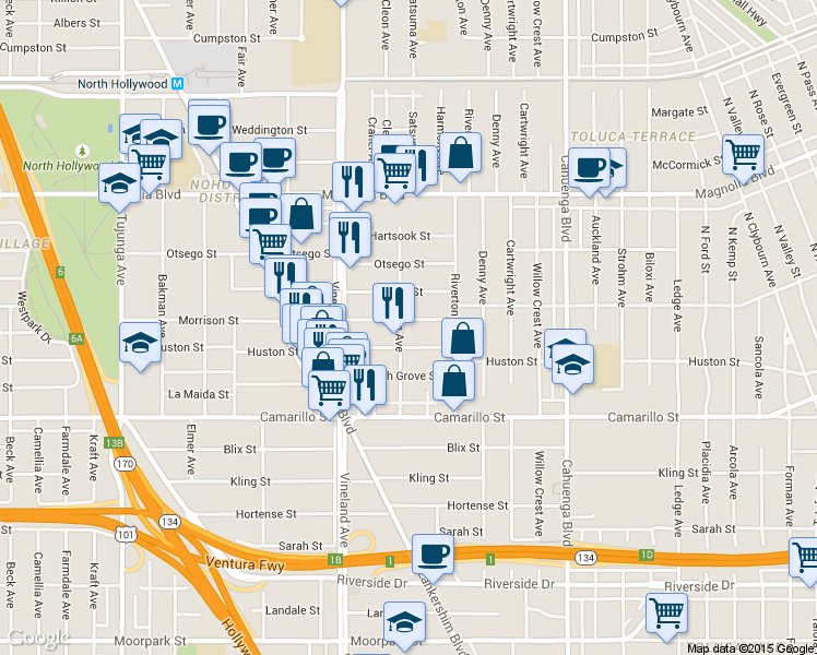 map of restaurants, bars, coffee shops, grocery stores, and more near 10854 Morrison Street in Los Angeles