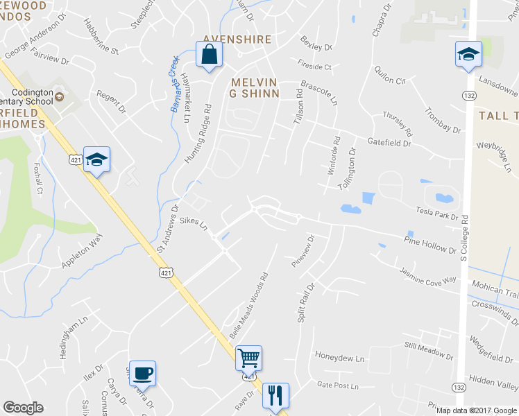 map of restaurants, bars, coffee shops, grocery stores, and more near 4140 Pine Hollow Drive in Wilmington