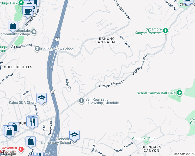 map of restaurants, bars, coffee shops, grocery stores, and more near 2331 Ramsay Drive in Glendale