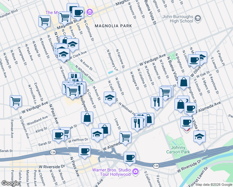 map of restaurants, bars, coffee shops, grocery stores, and more near 401 North Ontario Street in Burbank