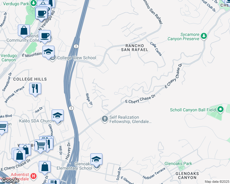 map of restaurants, bars, coffee shops, grocery stores, and more near 2331 Ramsay Drive in Glendale