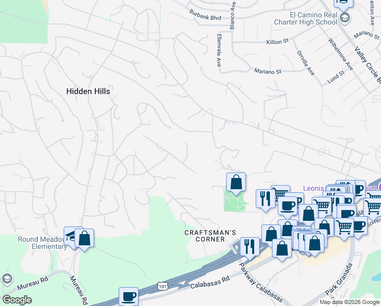 map of restaurants, bars, coffee shops, grocery stores, and more near 24247 Bridle Trail Road in Hidden Hills