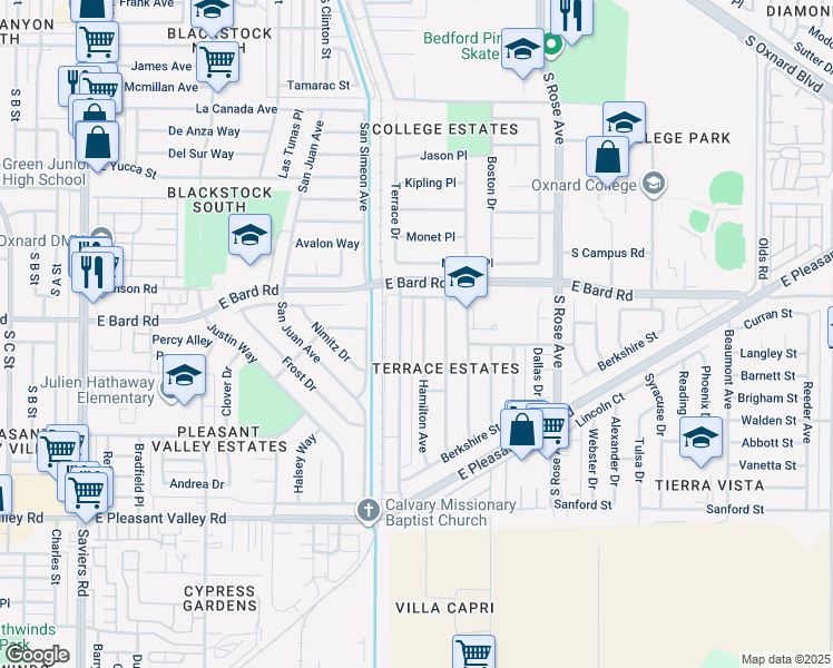 map of restaurants, bars, coffee shops, grocery stores, and more near 4331 Hamilton Avenue in Oxnard