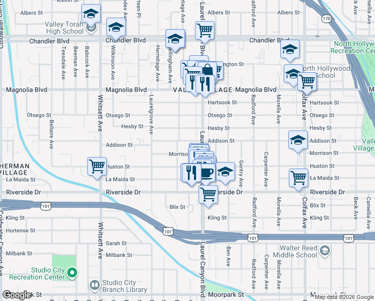 map of restaurants, bars, coffee shops, grocery stores, and more near 12142 Addison Street in Los Angeles