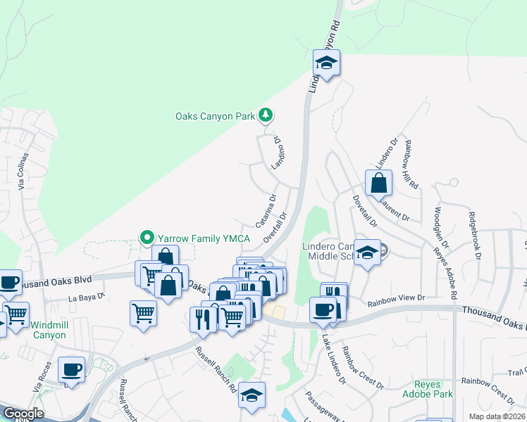 map of restaurants, bars, coffee shops, grocery stores, and more near 30817 Catarina Drive in Westlake Village