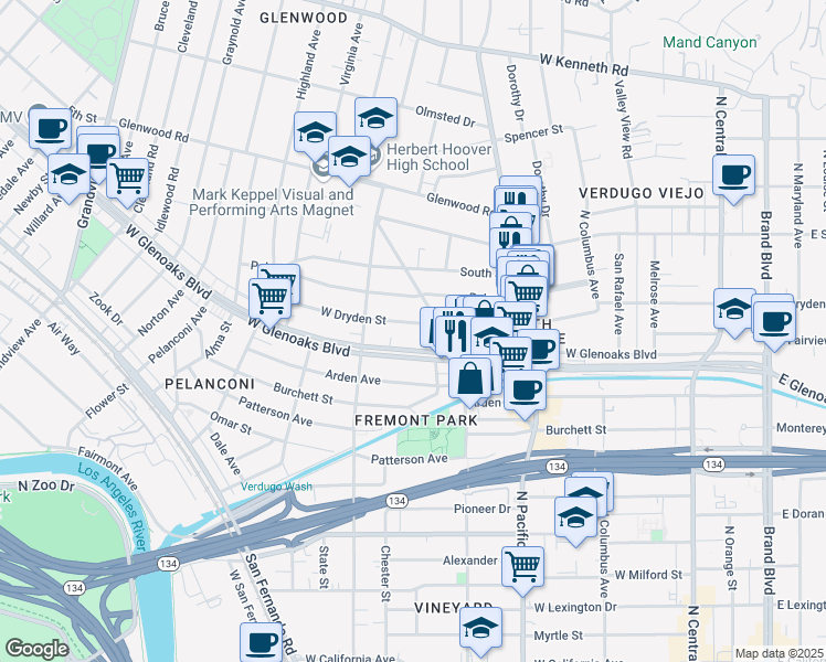 map of restaurants, bars, coffee shops, grocery stores, and more near 618 West Dryden Street in Glendale