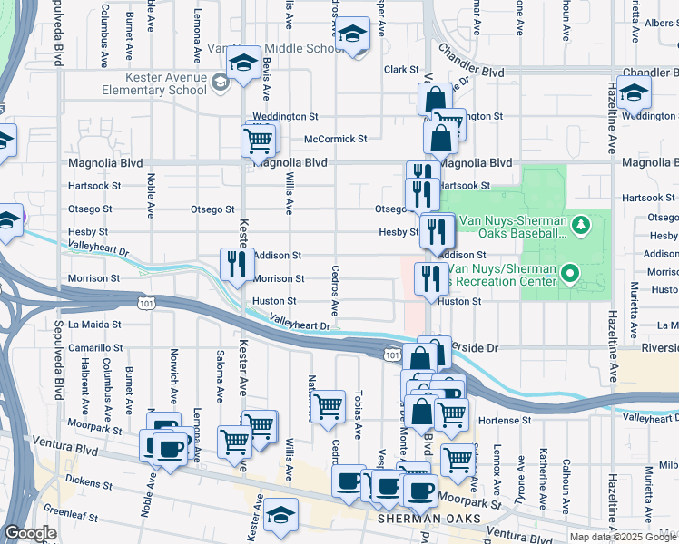 map of restaurants, bars, coffee shops, grocery stores, and more near 14655 Morrison Street in Los Angeles