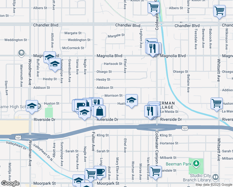 map of restaurants, bars, coffee shops, grocery stores, and more near 13133 Morrison Street in Los Angeles