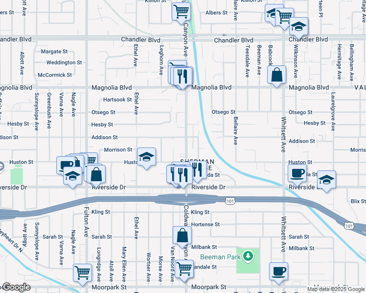 map of restaurants, bars, coffee shops, grocery stores, and more near 4949 Coldwater Canyon Avenue in Los Angeles