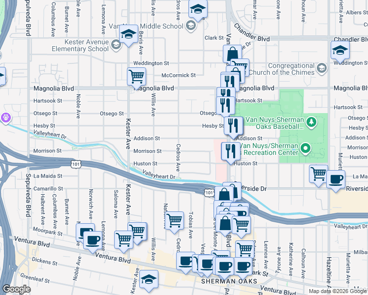 map of restaurants, bars, coffee shops, grocery stores, and more near 14647 Morrison Street in Los Angeles