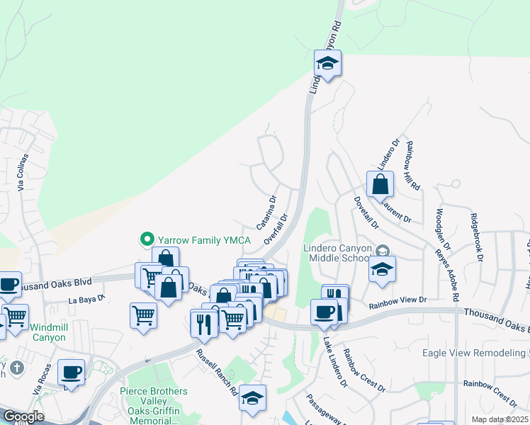 map of restaurants, bars, coffee shops, grocery stores, and more near 30831 Catarina Drive in Westlake Village