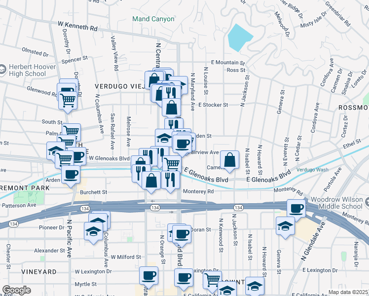 map of restaurants, bars, coffee shops, grocery stores, and more near 1000 North Brand Boulevard in Glendale