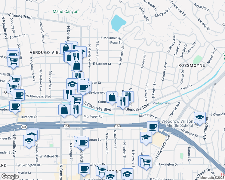 map of restaurants, bars, coffee shops, grocery stores, and more near 411 East Fairview Avenue in Glendale