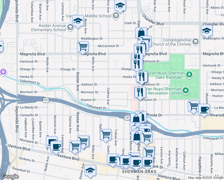 map of restaurants, bars, coffee shops, grocery stores, and more near 14647 Morrison Street in Los Angeles