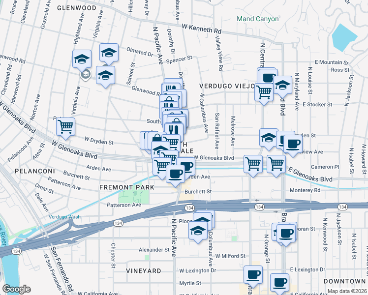 map of restaurants, bars, coffee shops, grocery stores, and more near 450 West Dryden Street in Glendale