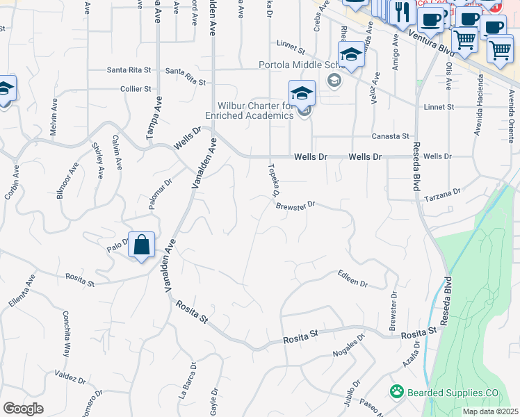 map of restaurants, bars, coffee shops, grocery stores, and more near 4955 Topeka Drive in Los Angeles