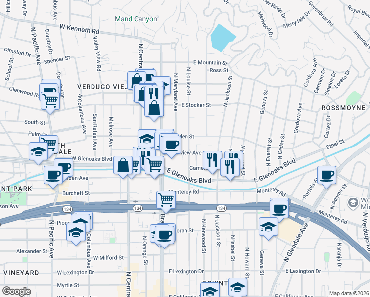 map of restaurants, bars, coffee shops, grocery stores, and more near 300 East Dryden Street in Glendale